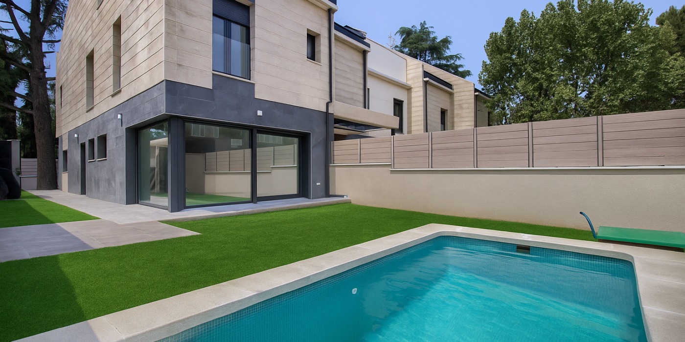 piscina y césped